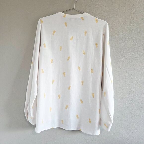 Nine West Linen Viscose White Shirt, Pineapple Print, Collarless V-Neck Roll Tab - Picture 2 of 9